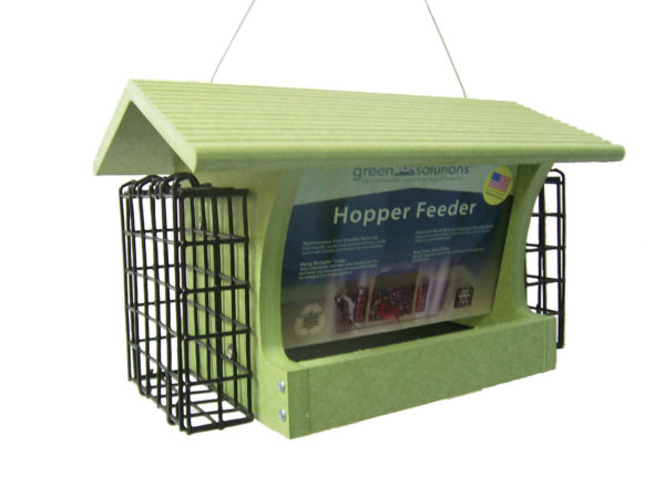 3 qt Recycled Hopper Feeder with Suet Cages - green